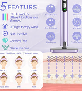 Light-Therapy-Wand, Red Light Therapy for Face and Neck Facial Wand 7 in 1 Led Beauty Wand Red & Blue Rejuvenation Face & Eye Massager Skincare Tool